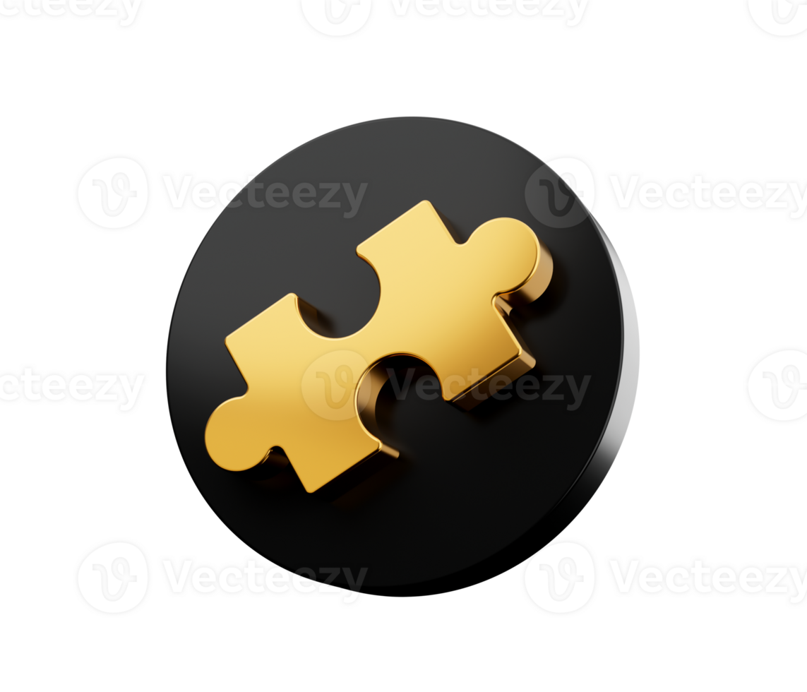 Gold Puzzle Piece of Jigsaw on black circle icon 3D Illustration png