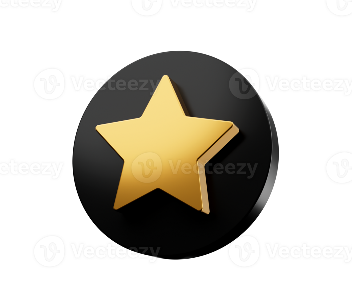 Gold star icon in cartoon style. 3d Illustration Black round key button png