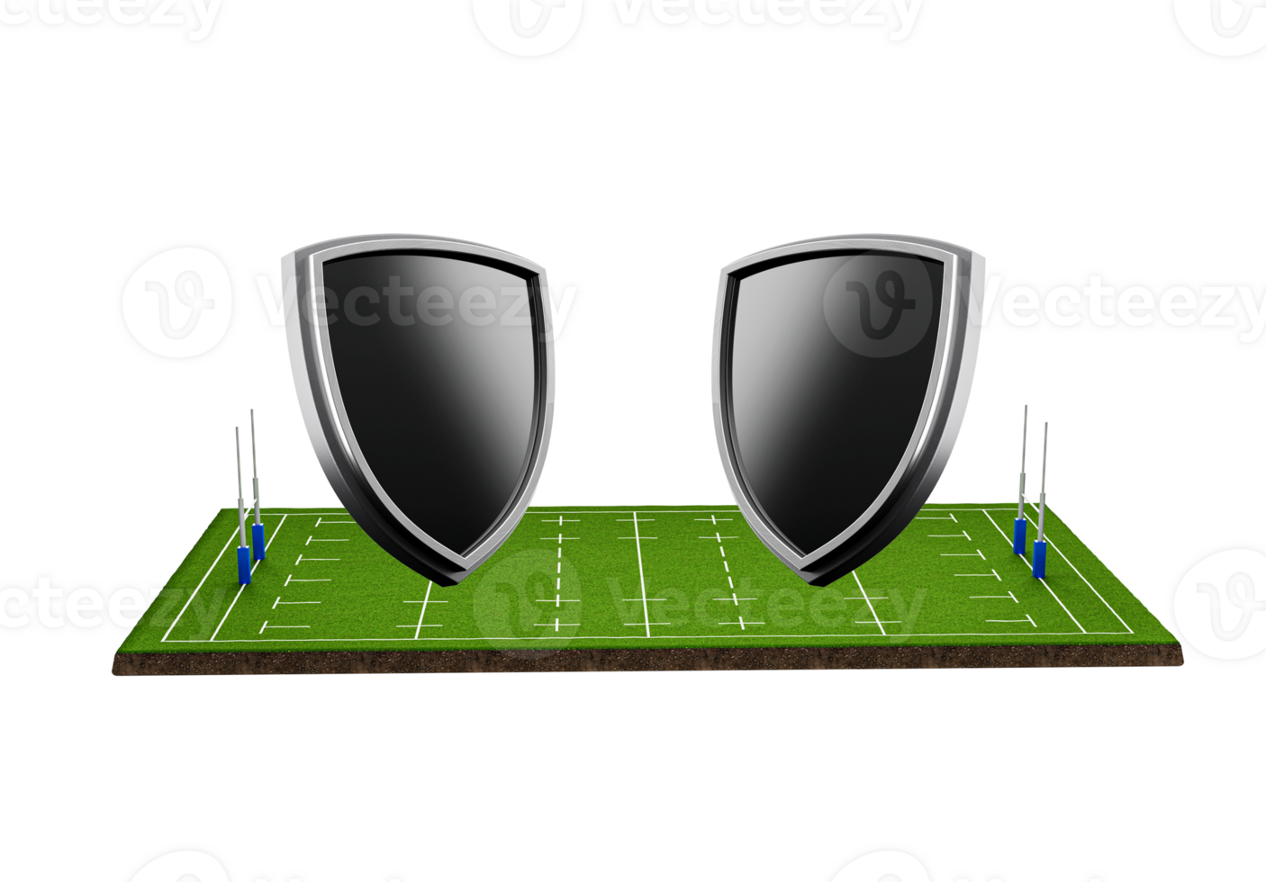 3d Two Empty Black Shield Icons On Rugby Stadium With Green Grass Field, 3d illustration png