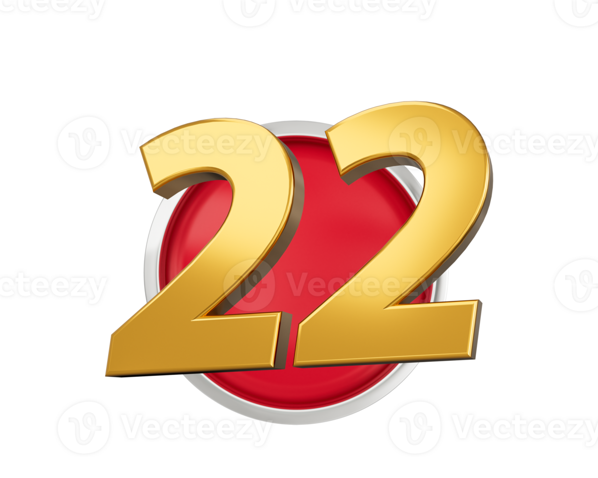 Gold Number 22 Gold Number Twenty Two On Rounded Red Icon, 3d illustration png