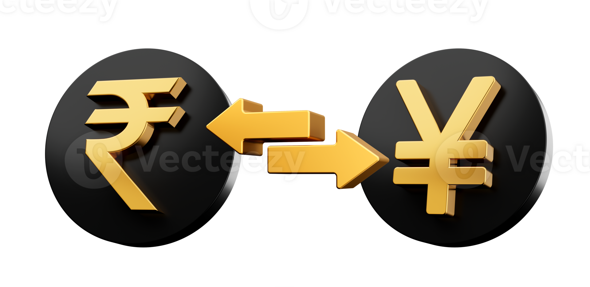 3d Golden Rupee And Yen Symbol On Rounded Black Icons With Money Exchange Arrows, 3d illustration png