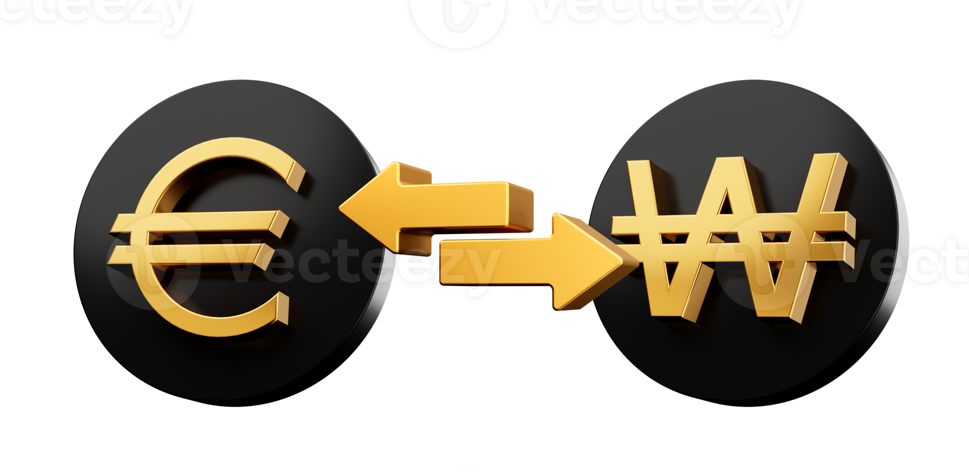 3d Golden Euro And Won Symbol On Rounded Black Icons With Money Exchange Arrows, 3d illustration png