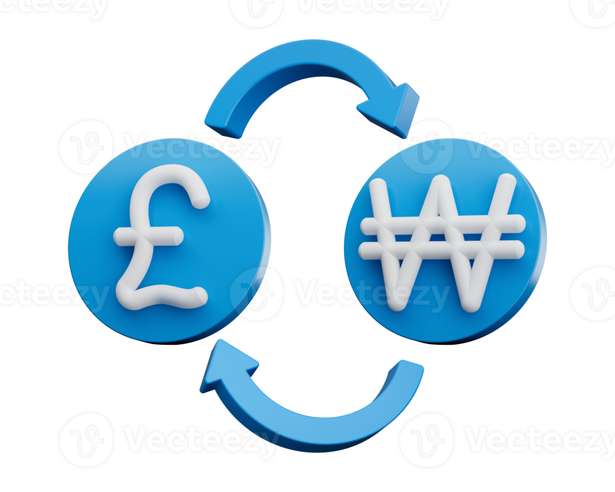 3d White Pound And Won Symbol On Rounded Blue Icons With Money Exchange Arrows, 3d illustration png