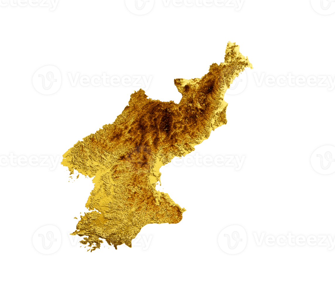 North Korea Map Golden metal Color Height map 3d illustration png