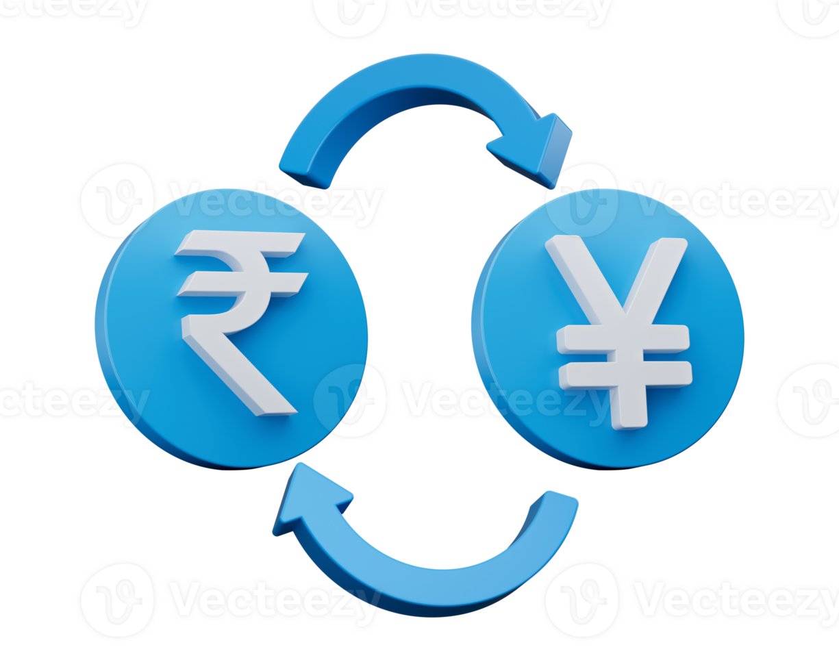 3d White Rupee And Yen Symbol On Rounded Blue Icons With Money Exchange Arrows, 3d illustration png