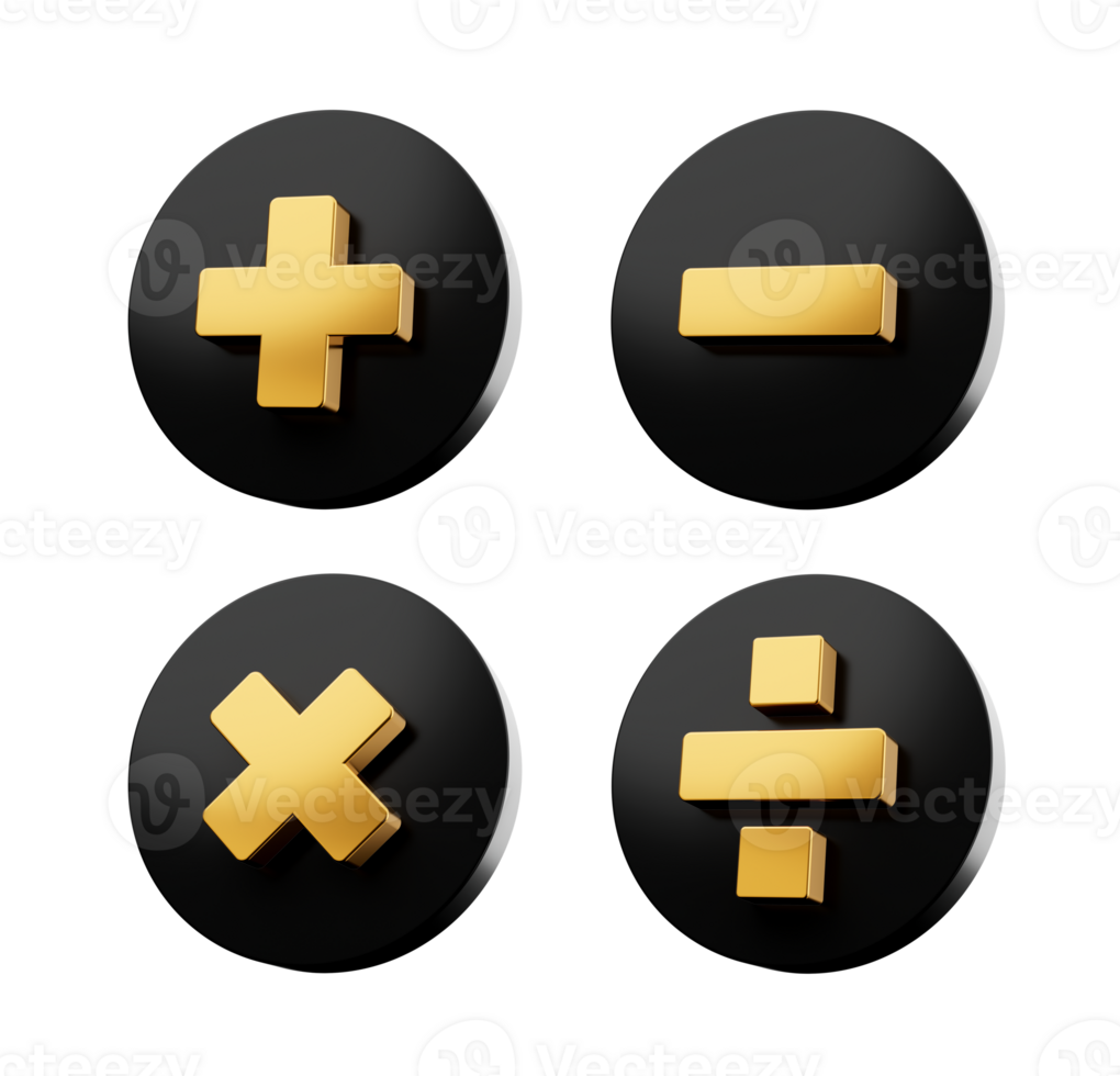 3d Golden Plus, Minus, Multiply And Divide Symbol On Rounded Black Icons, 3d illustration png