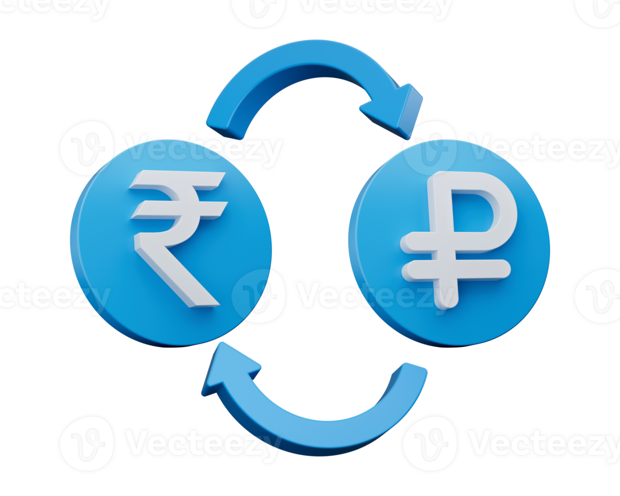 3d White Rupee And Ruble Symbol On Rounded Blue Icons With Money Exchange Arrows, 3d illustration png