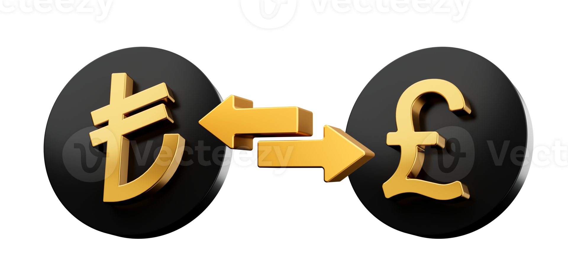 3d Golden Lira And Pound Symbol On Rounded Black Icons With Money Exchange Arrows, 3d illustration png