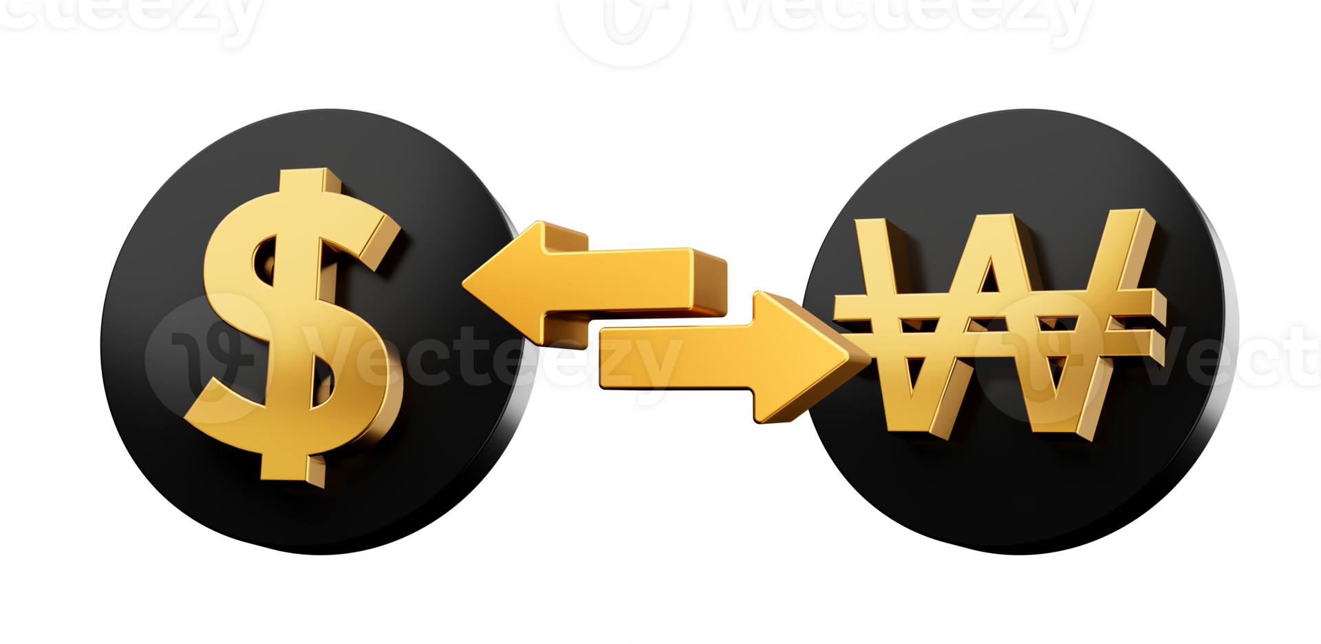 3d Golden Dollar And Won Symbol On Rounded Black Icons With Money Exchange Arrows, 3d illustration png