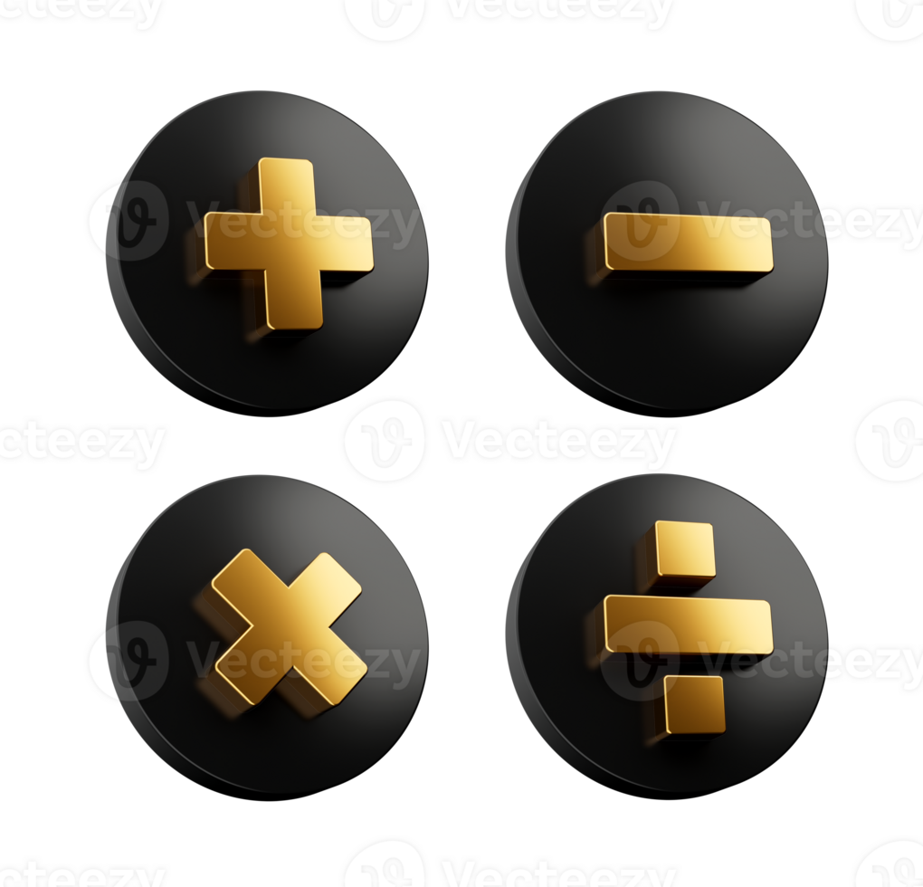 3d Golden Plus, Minus, Multiply And Divide Symbol On Rounded Black Icons, 3d illustration png