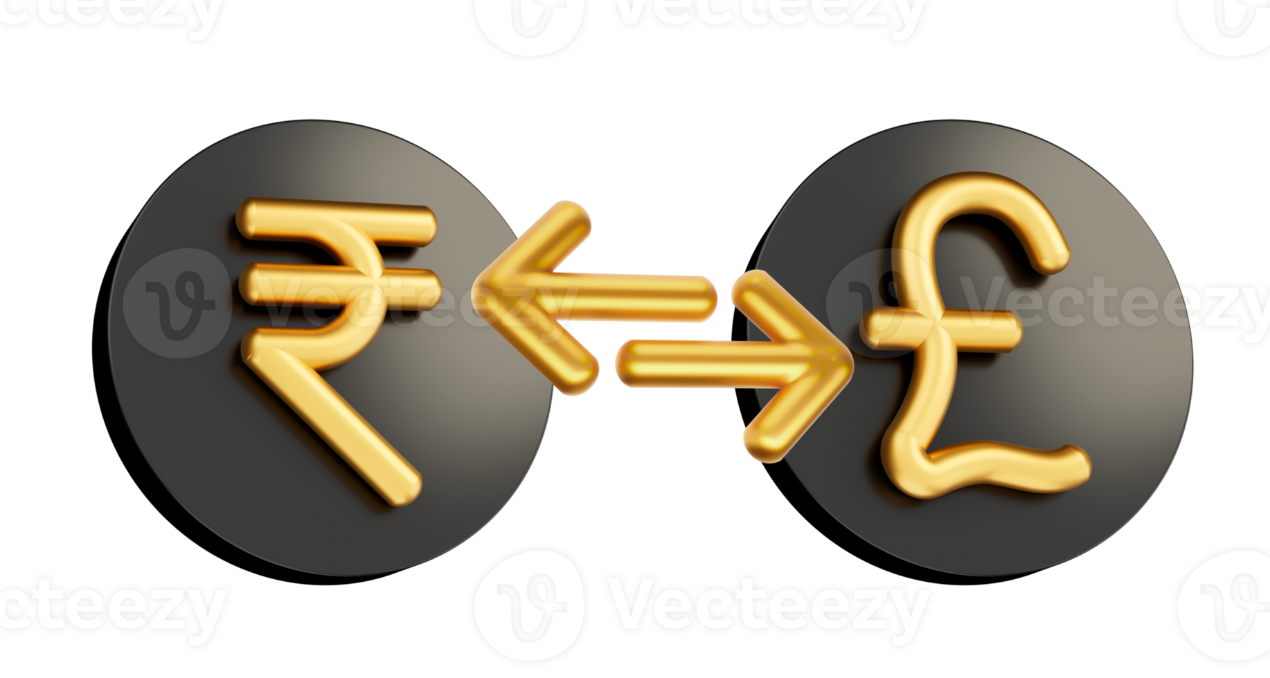 3d Golden Rupee And Pound Symbol On Rounded Black Icons With Money Exchange Arrows, 3d illustration png