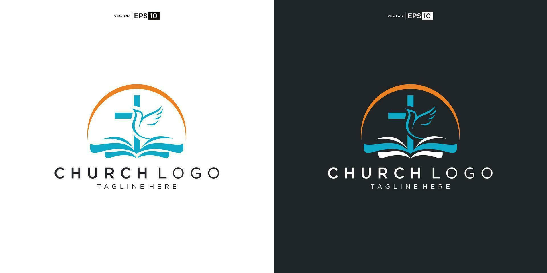 logotipo de la iglesia. simbolos cristianos la cruz de jesus, el fuego del espiritu santo y la paloma. vector