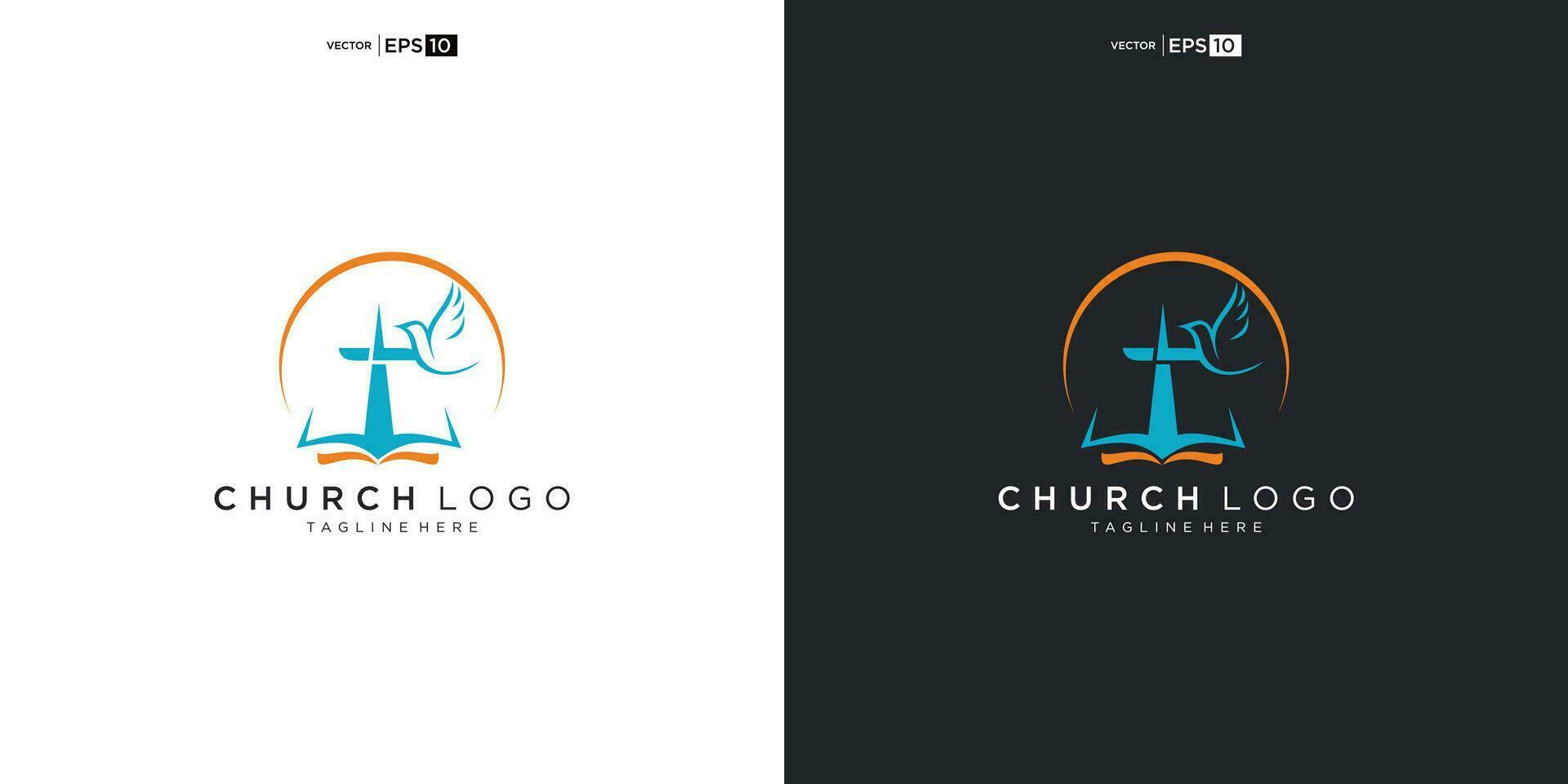 logotipo de la iglesia. simbolos cristianos la cruz de jesus, el fuego del espiritu santo y la paloma. vector