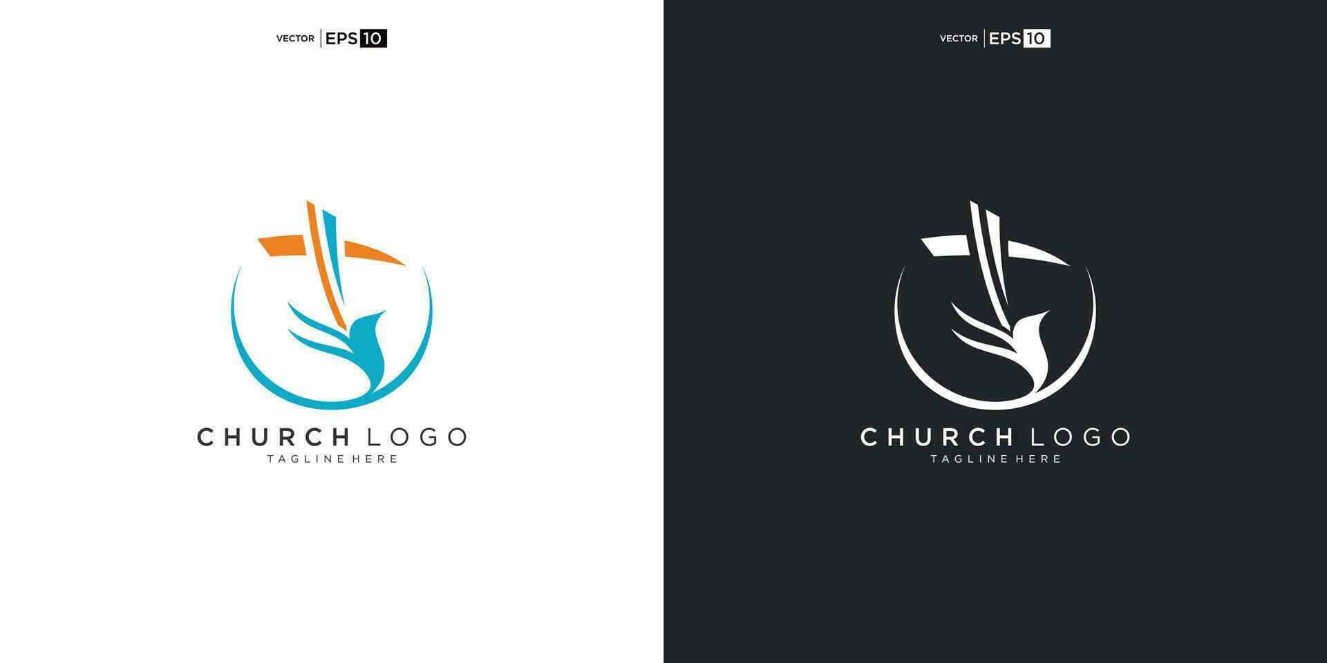 logotipo de la iglesia. simbolos cristianos la cruz de jesus, el fuego del espiritu santo y la paloma. vector