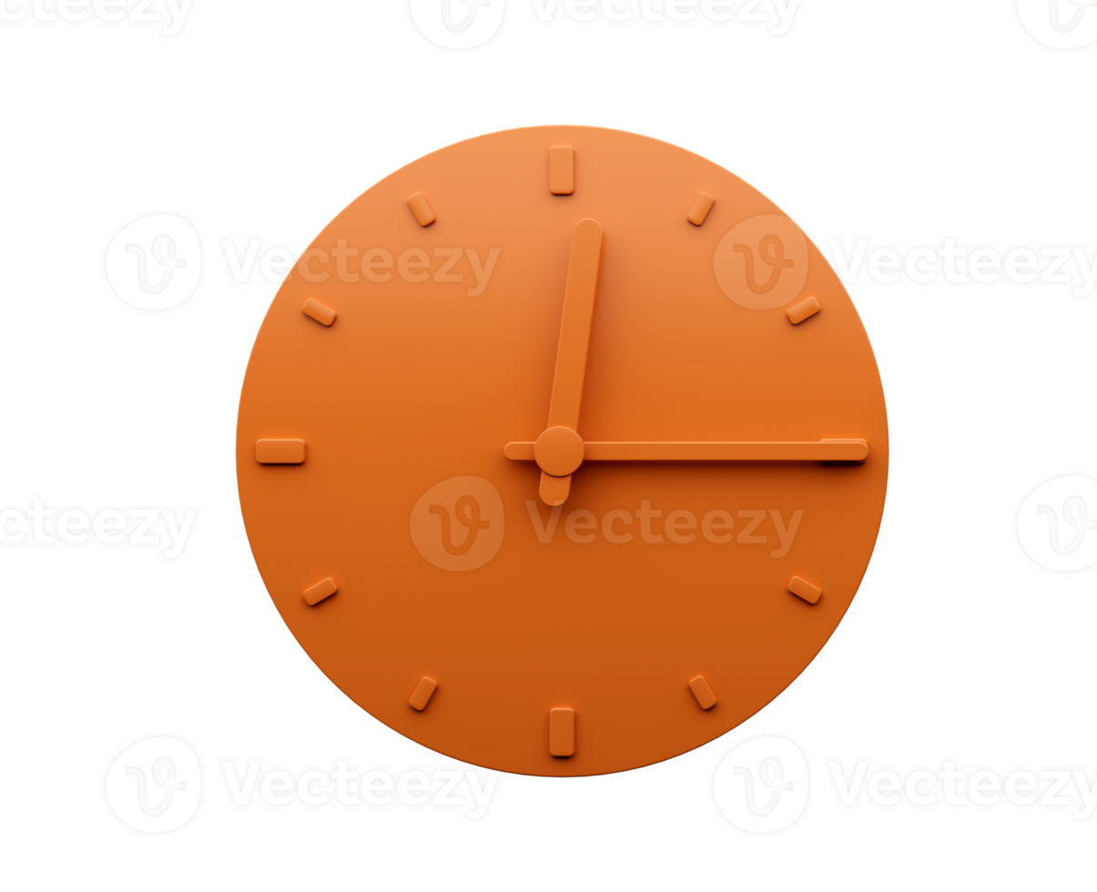 Minimal Orange clock Twelve fifteen o'clock abstract Minimalist wall clock quarter past twelve 3d Illustration png