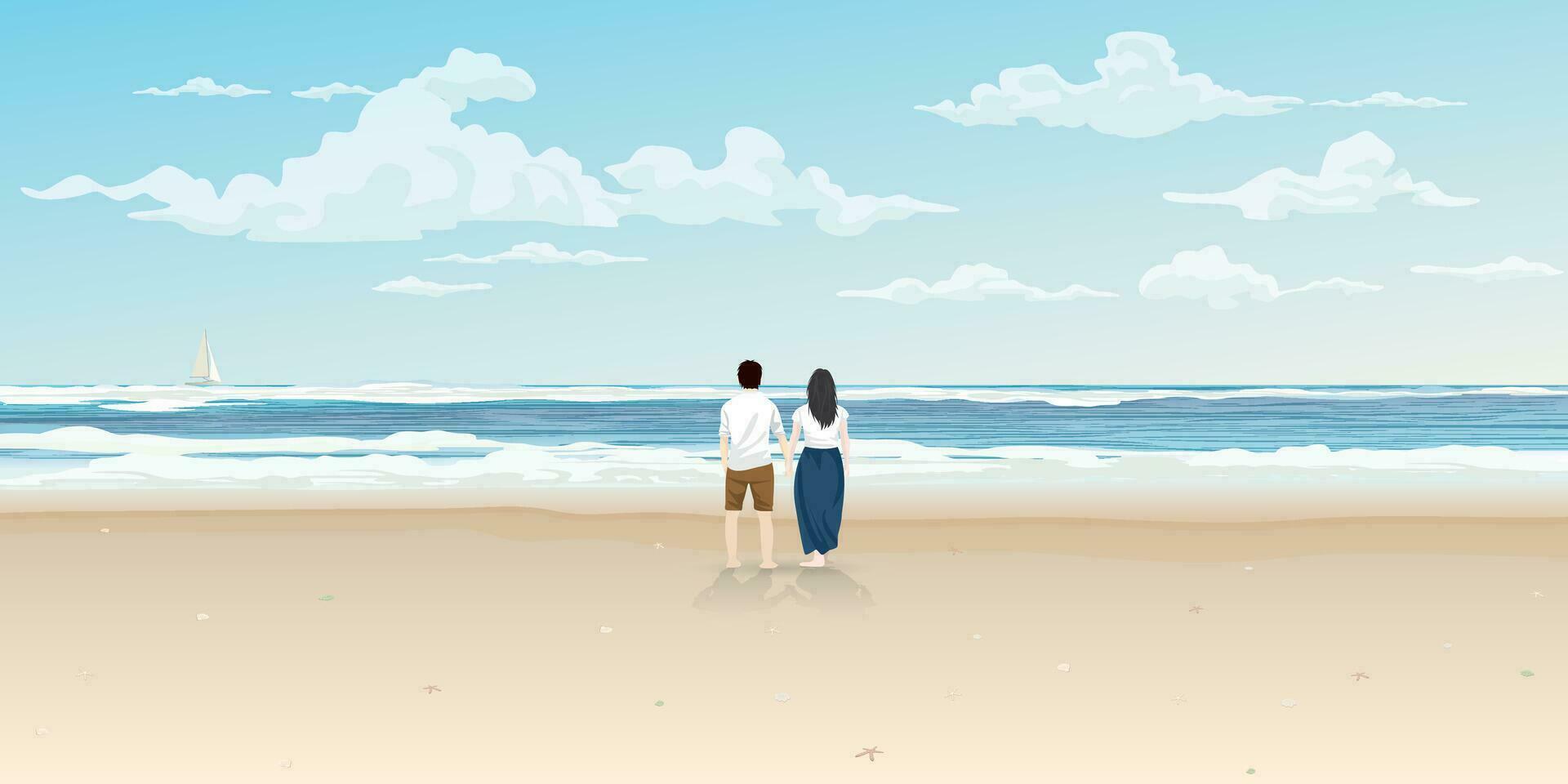 Pareja de amante a el playa y tropical azul mar vector ilustración. viaje de novio concepto plano diseño.