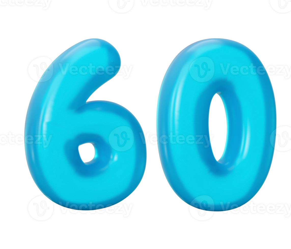 Blue jelly digit 60 Sixty Jelly colorful alphabets numbers for kids 3d illustration png