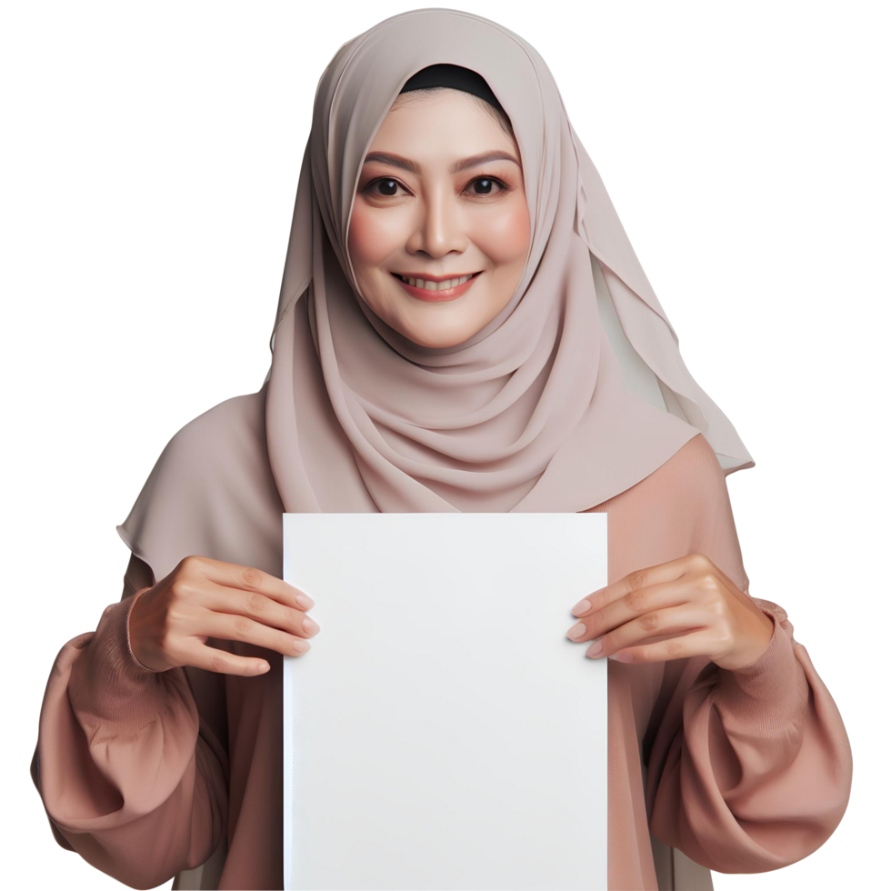 AI generated A Muslim woman wearing a hijab is holding a white paper png