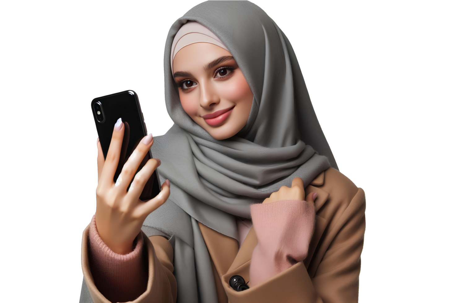 AI generated Muslim Women wearing hijab in selfie with smart phone on transparent background png