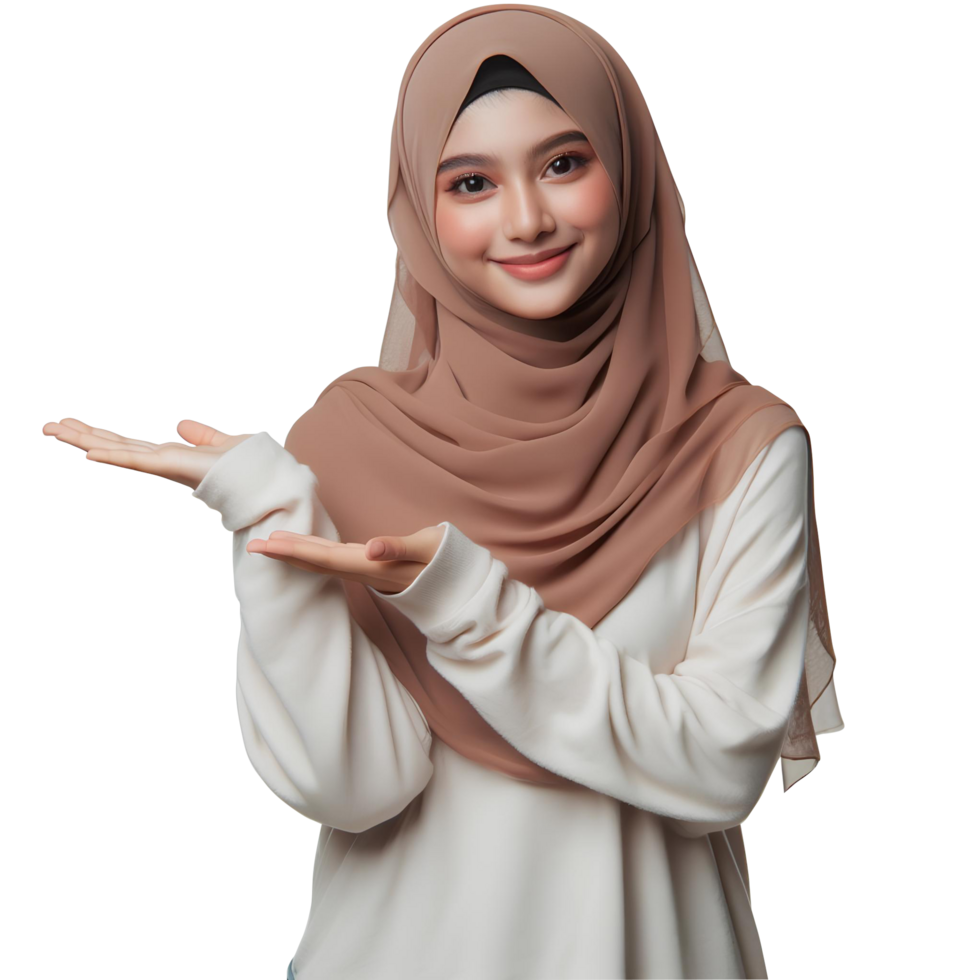 AI generated A Muslim woman wearing a hijab stood with her hands posed in a gesture of offering png