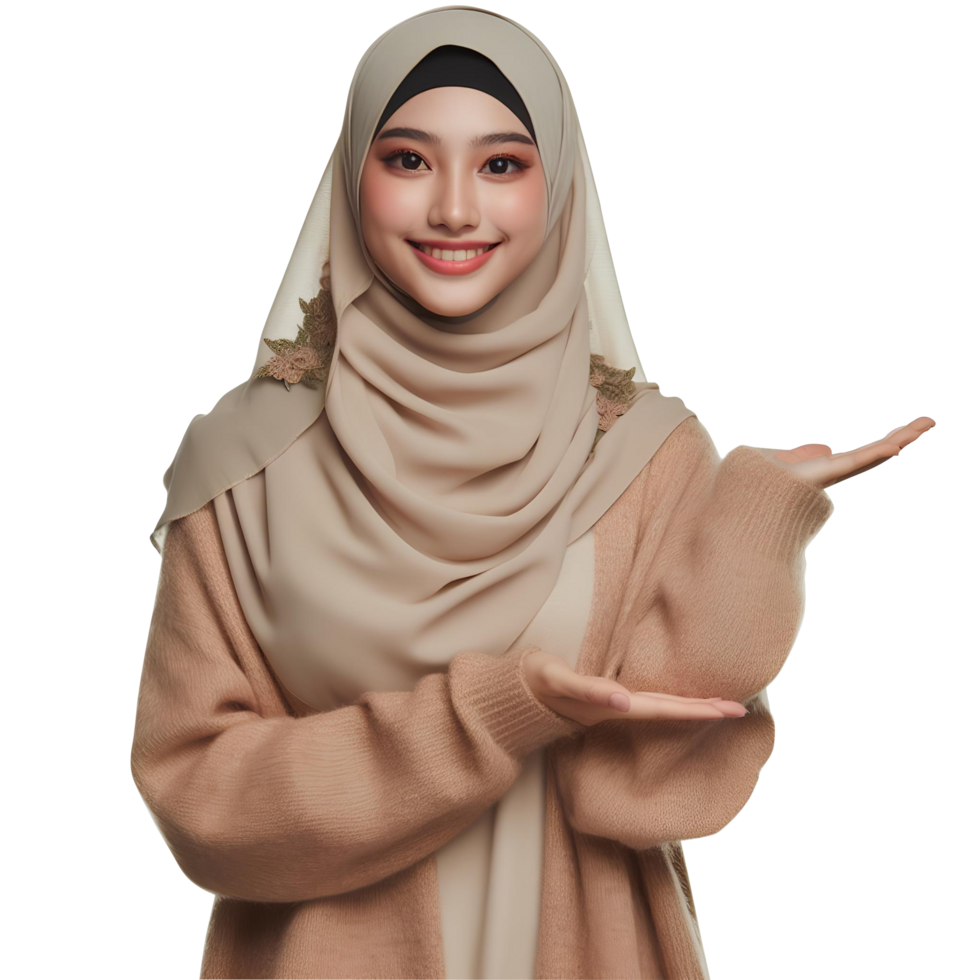 AI generated A Muslim woman wearing a hijab stood with her hands posed in a gesture of offering png