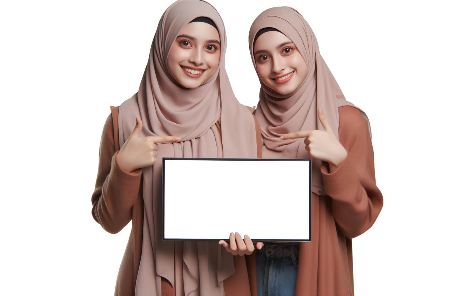 AI generated Two Muslim woman wearing a hijab holds a tablet with a white screen. two women with blank board png