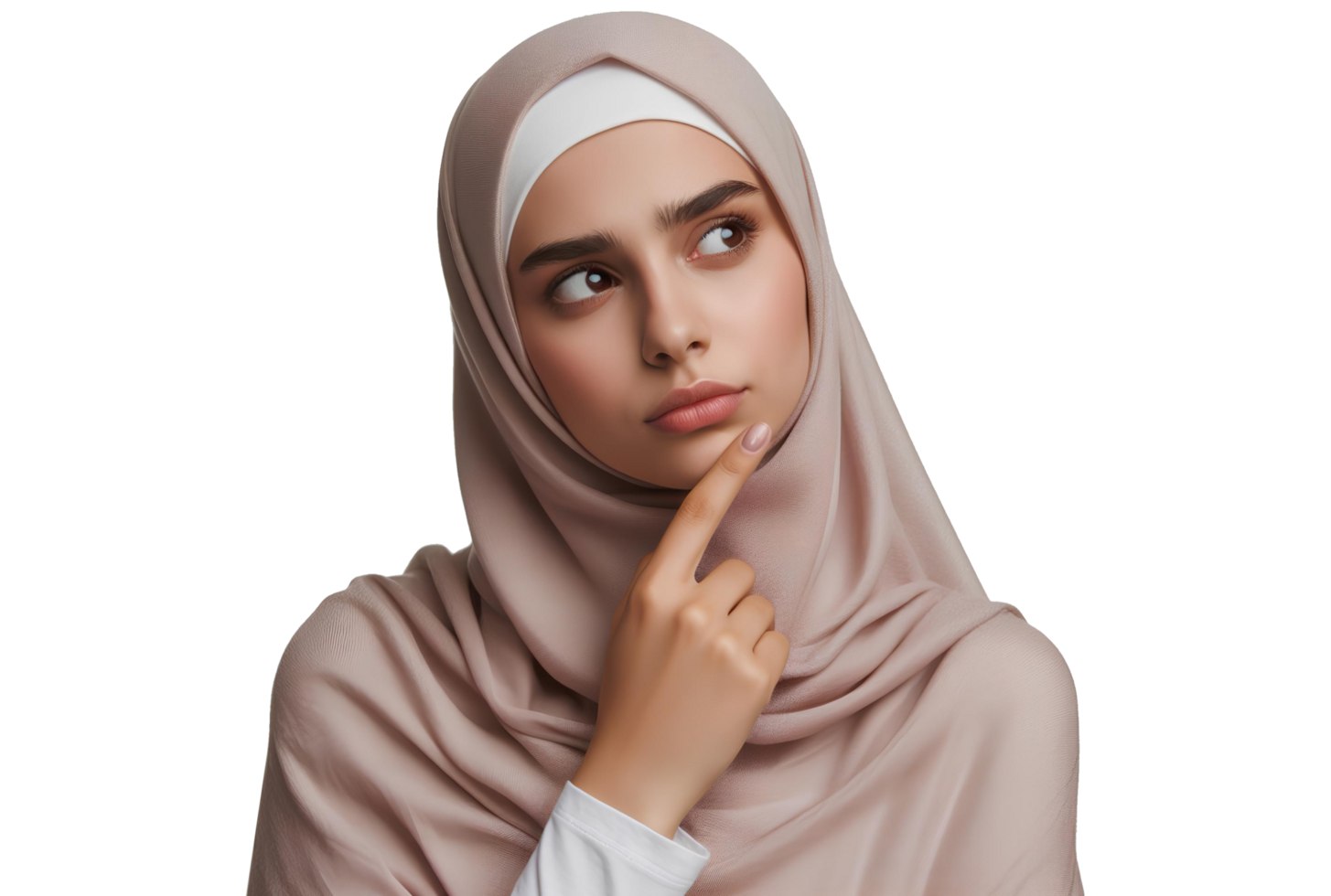 AI generated A Muslim woman wearing a hijab, with a thoughtful expression, is searching for an idea in a transparent background PNG