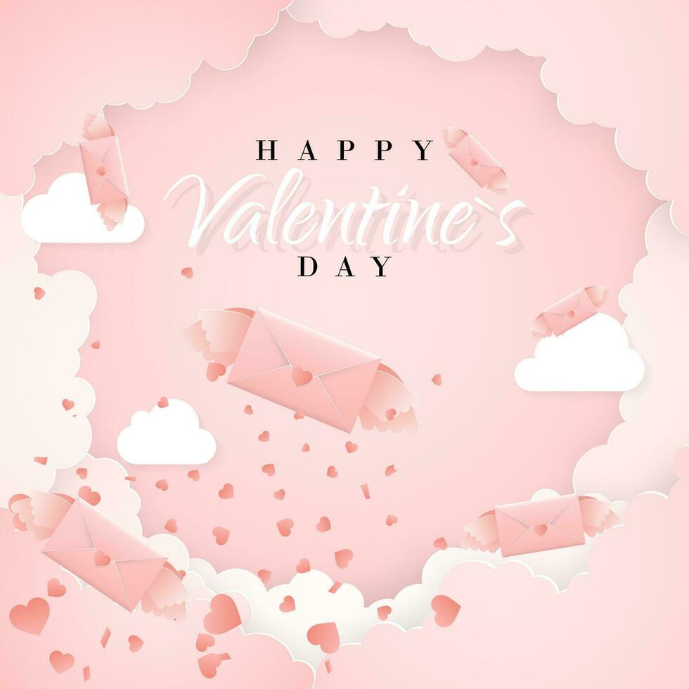 Happy valentines day invitation card template with origami paper letter, clouds and confetti. Pink background. Vector illustration