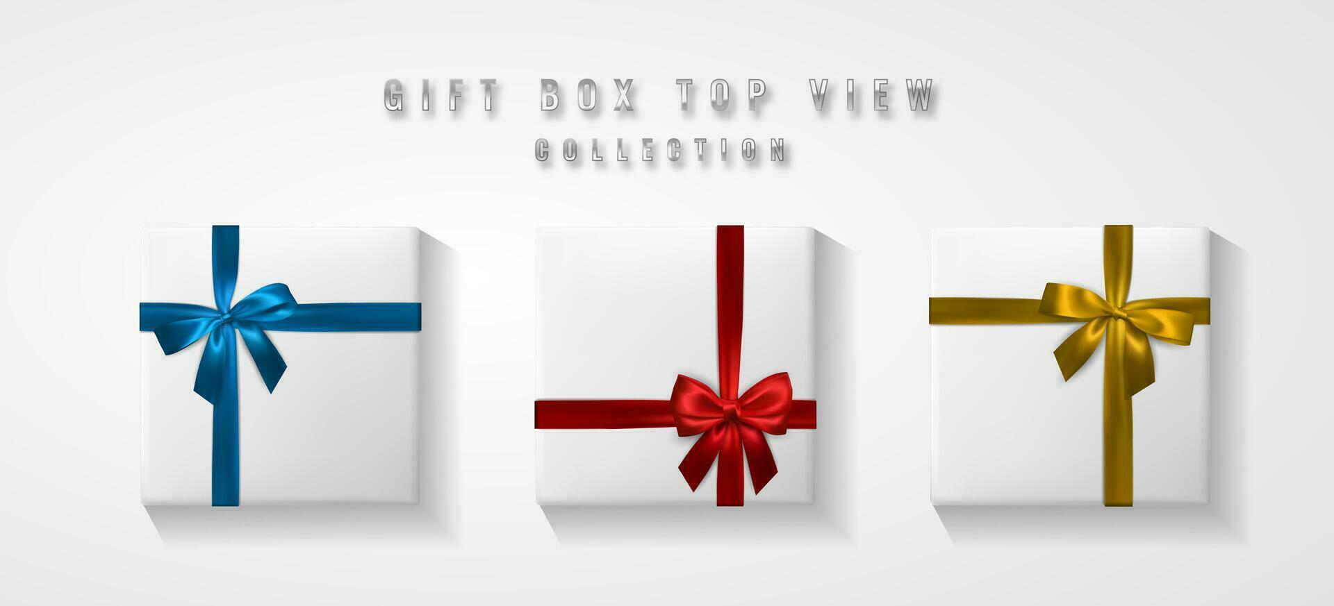 Set White Gift box with bow and ribbon top view. Element for decoration gifts, greetings, holidays. Vector illustration