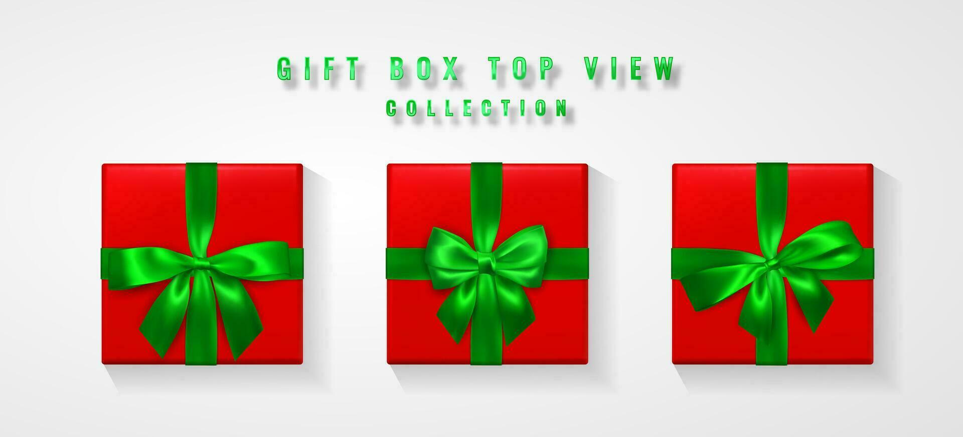 Set Red Gift box with green bow and ribbon top view. Element for decoration gifts, greetings, holidays. Vector illustration