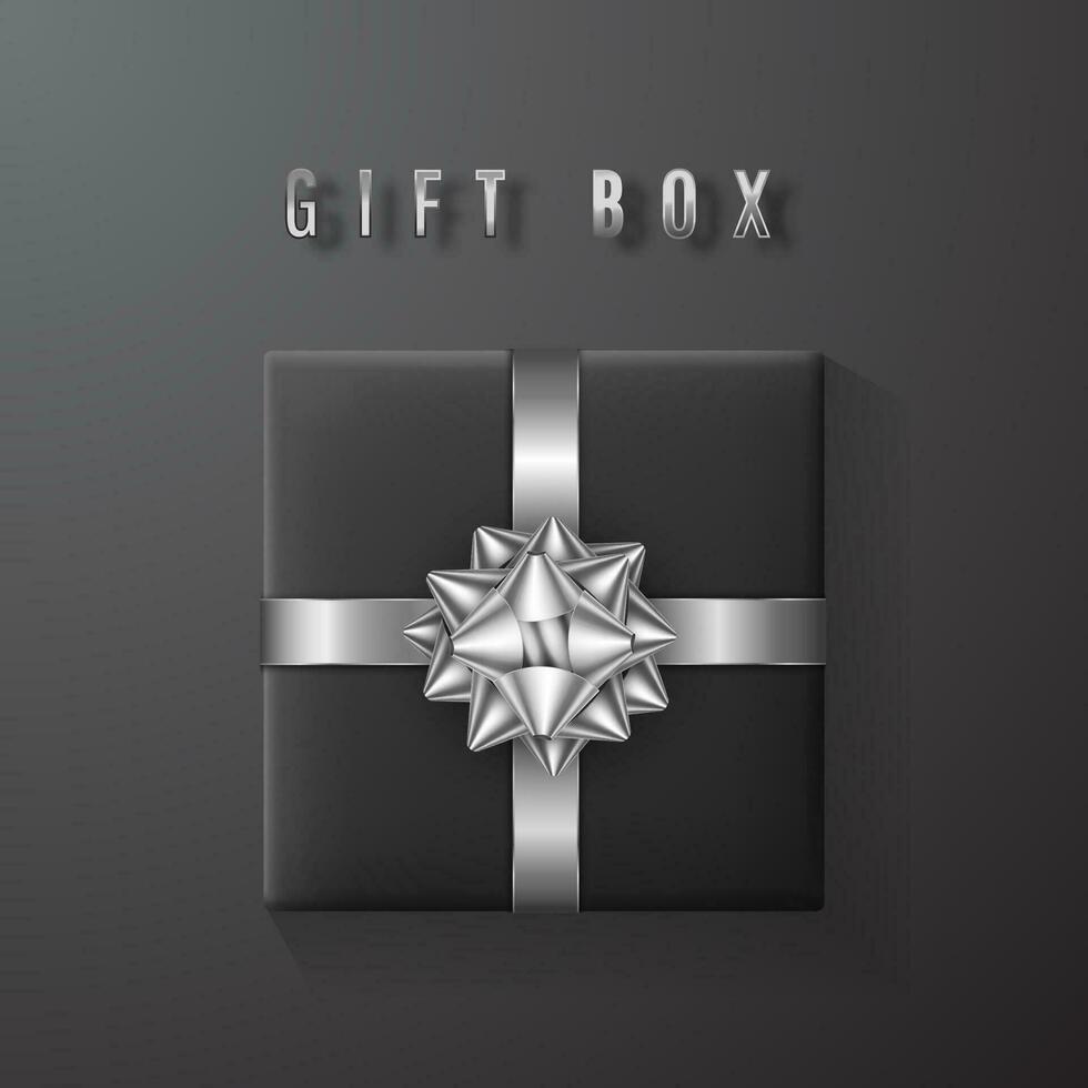 Black gift box with white, silver bow and ribbon top view. Element for decoration gifts, greetings, holidays. Vector illustration