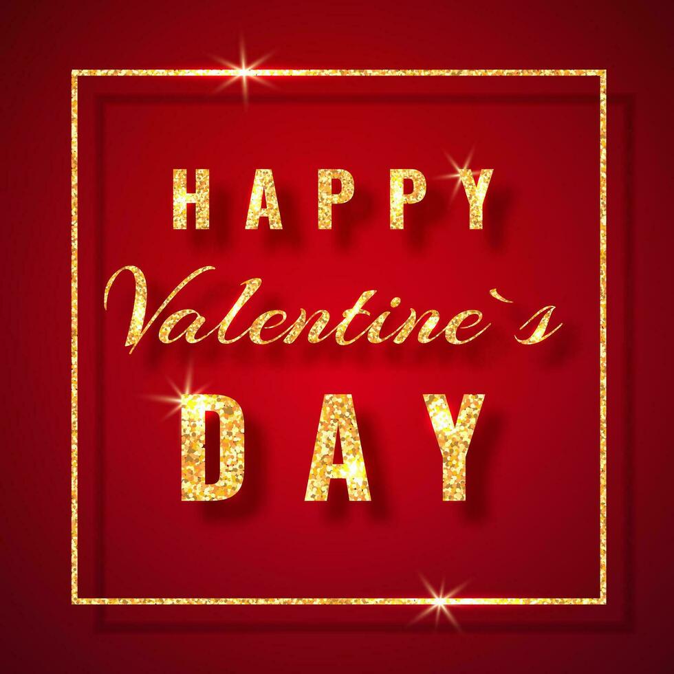 Happy Valentines Day Golden glitter sparkle on red background. Vector illustration