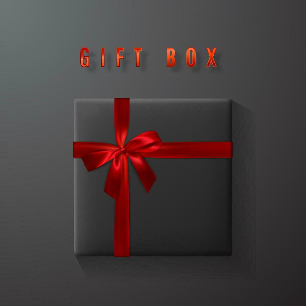 negro regalo caja con rojo arco y cinta parte superior vista. elemento para decoración regalos, saludos, vacaciones. vector ilustración