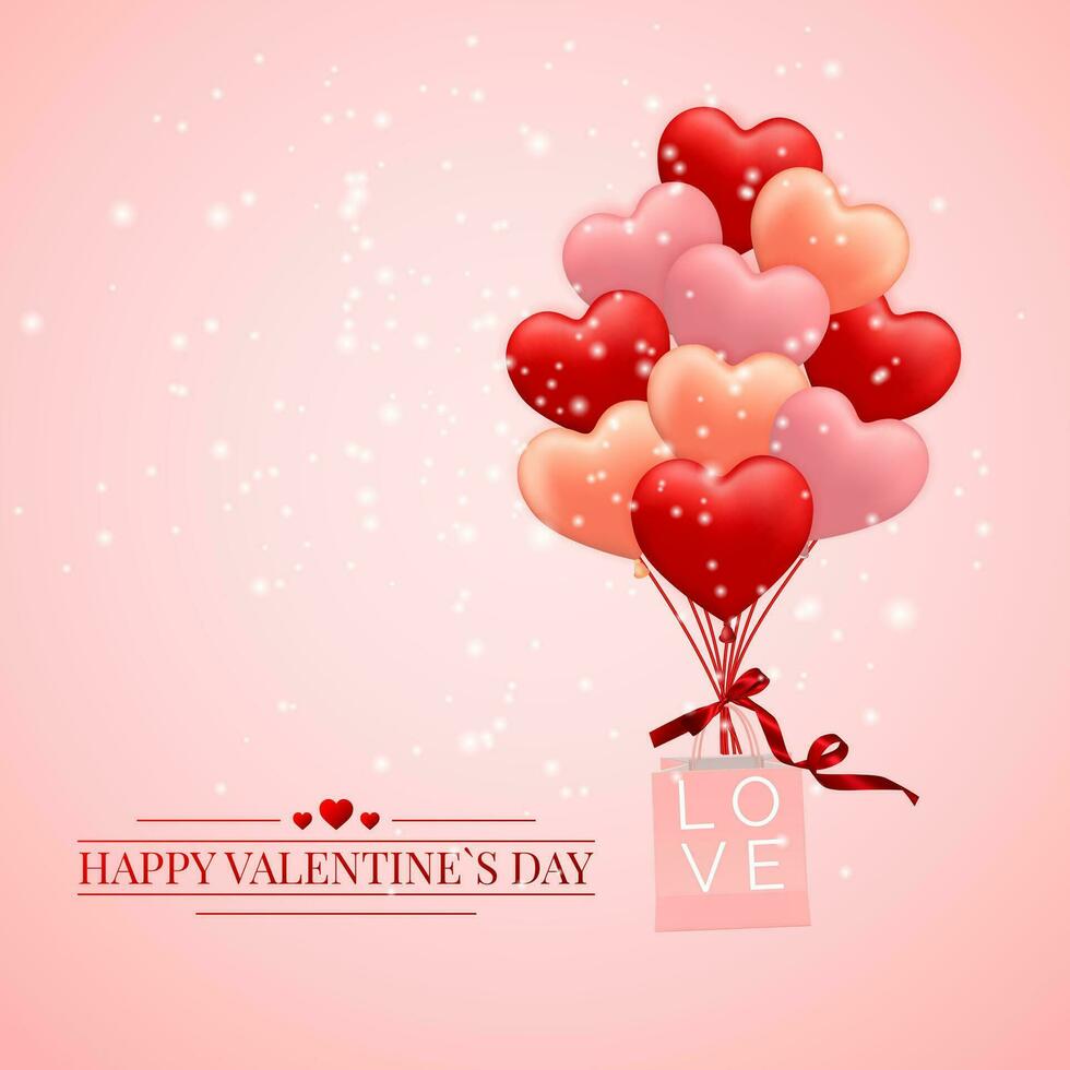Happy Valentines Day background, red, pink and orange balloon in form of heart with bow and ribbon and Paper shopping bag. Vector illustration