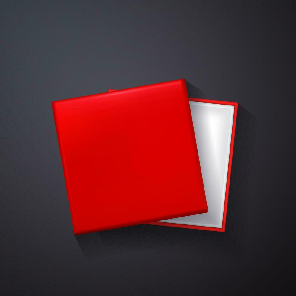 abierto rojo vacío regalo caja en oscuro antecedentes. parte superior vista. modelo para tu presentación, bandera o póster. vector ilustración