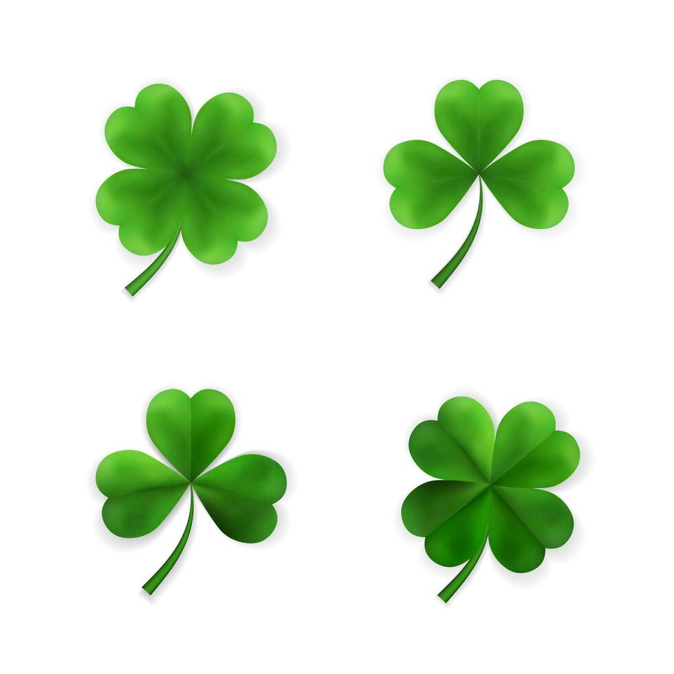 Green Four and Tree Leaf Clovers. Irish Lucky and success symbols. Vector illustration