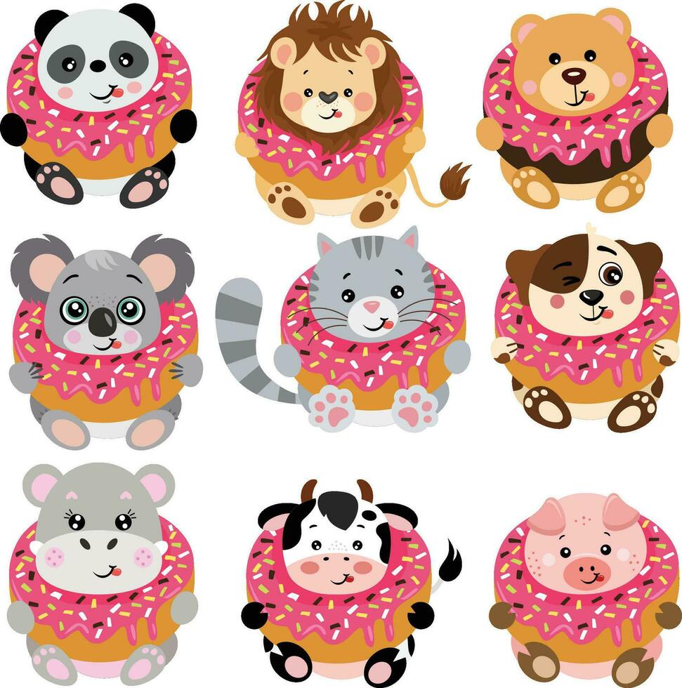 conjunto de linda animales dentro un delicioso rosquilla vector