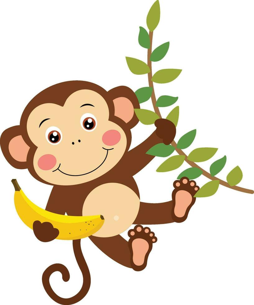 Cute monkey hanging on branch tree holding a banana vector