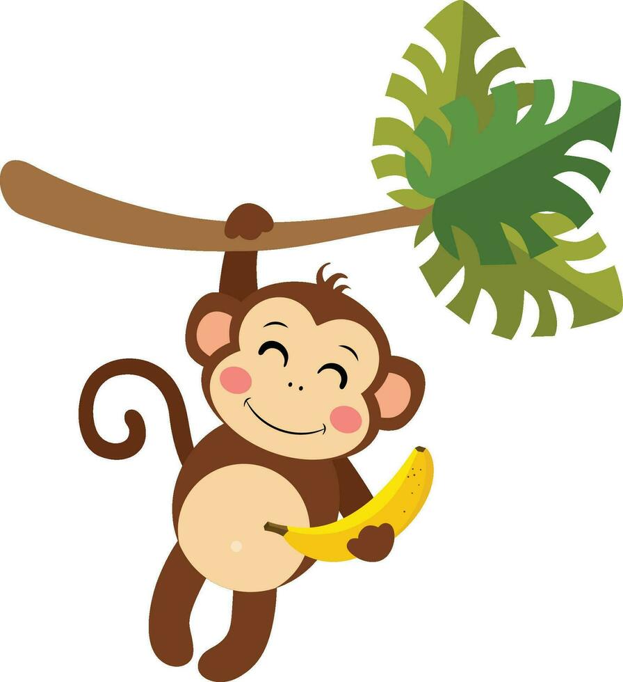 Happy monkey hanging from palm branch holding a banana vector