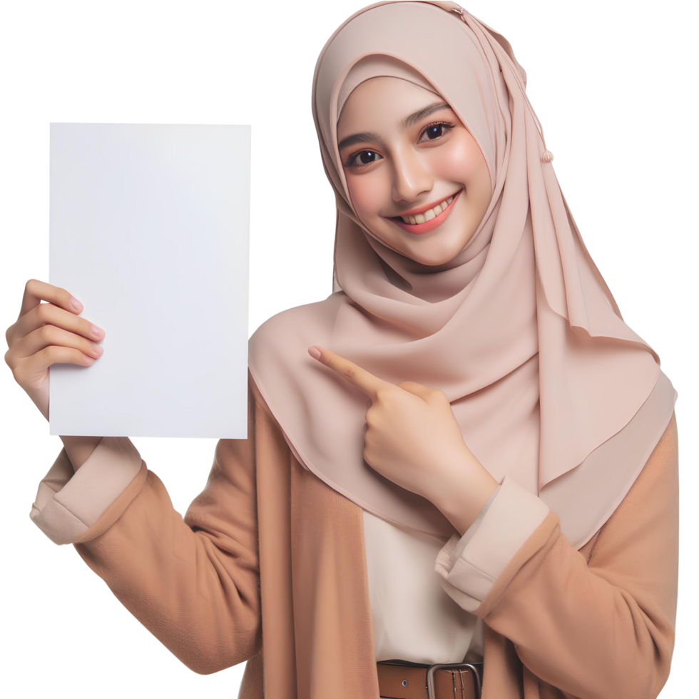 AI generated A Muslim woman wearing a hijab is holding a white paper png