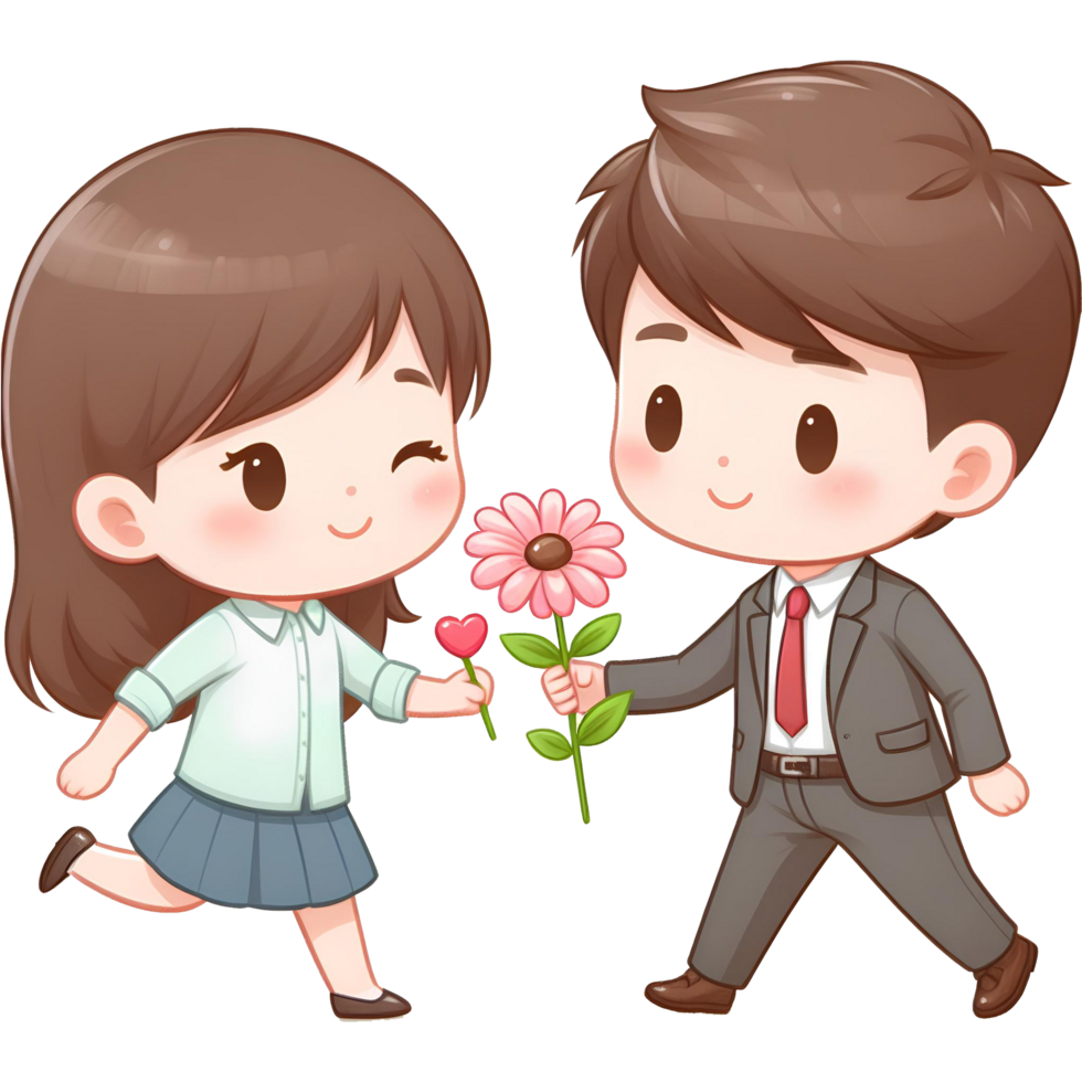 AI generated A man gives a woman Flowers on Valentine's Day. in cartoon style. transparent background png