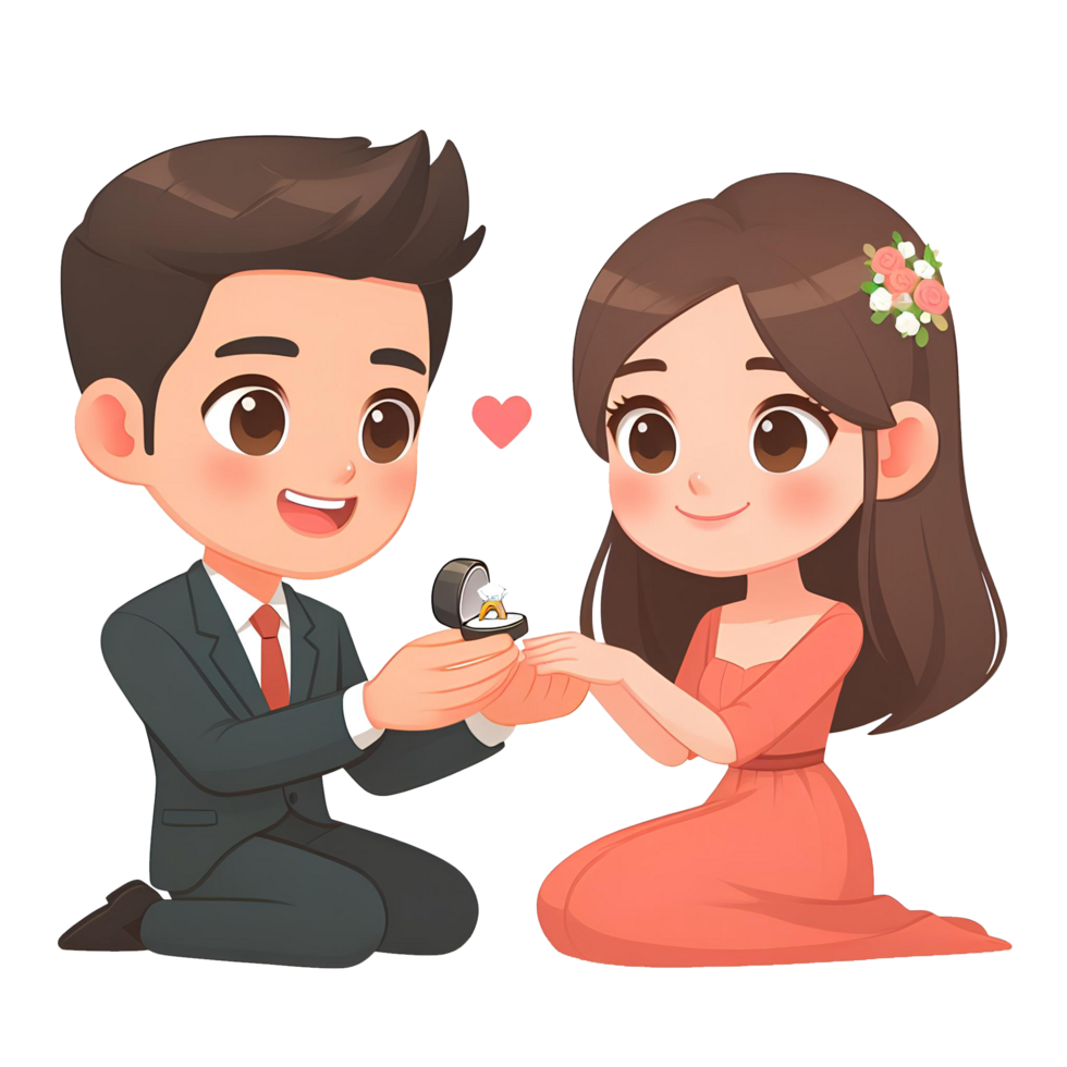 AI generated a man proposes to a woman by giving her a ring, cartoon style valentine on transparent background png
