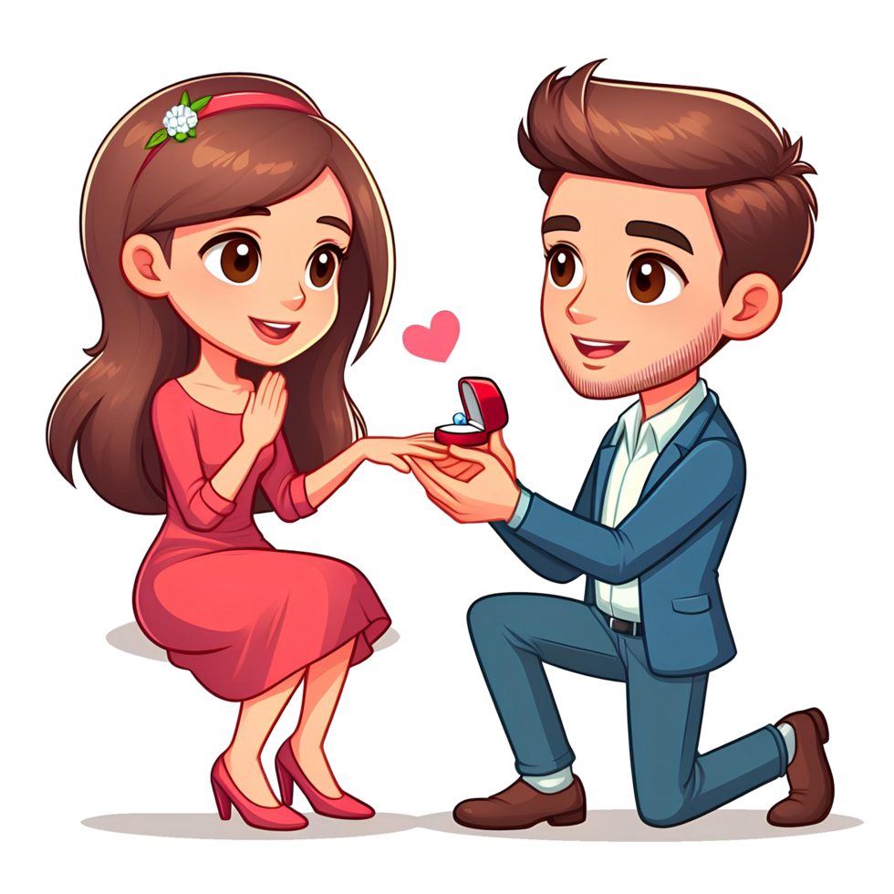 AI generated a man proposes to a woman by giving her a ring, cartoon style valentine on transparent background png