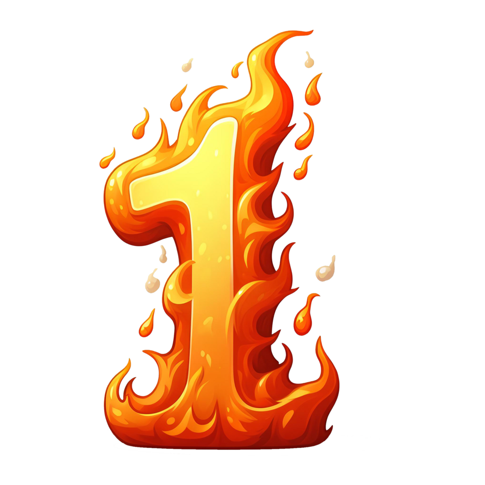 AI generated 1 - number from fire with cartoon style on transparent background png