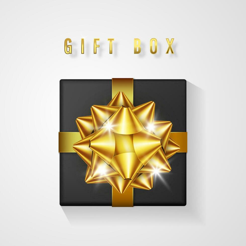 Black gift box with golden bow and ribbon top view. Element for decoration gifts, greetings, holidays. Vector illustration