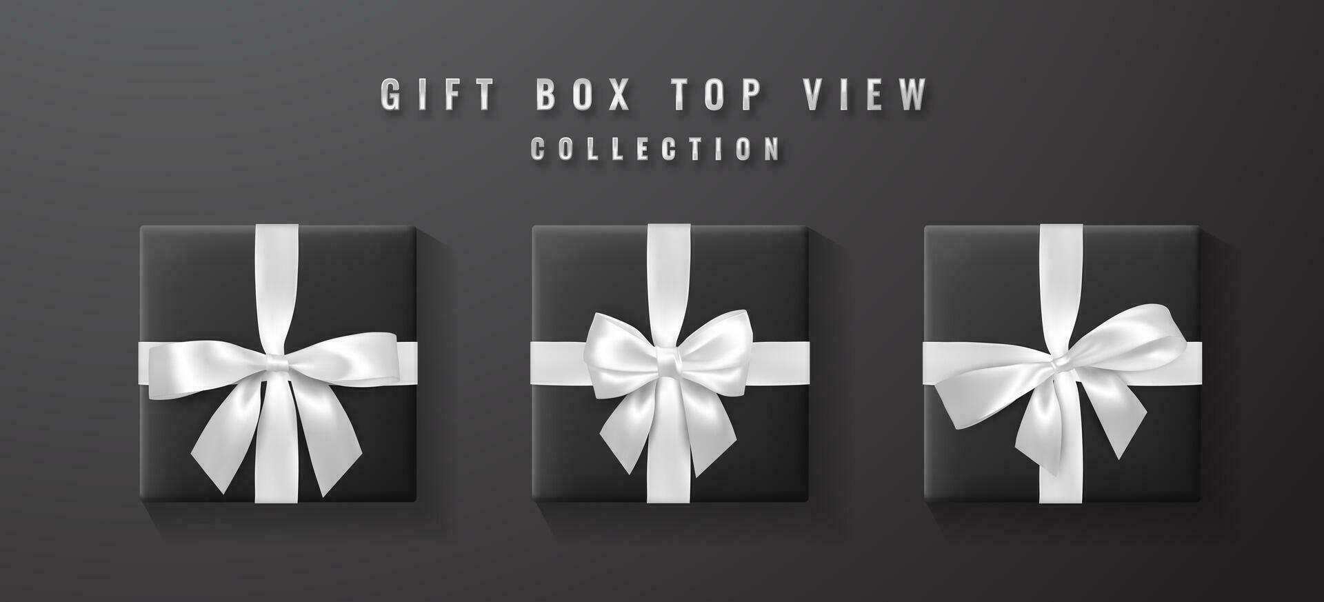 Black gift box with white, silver bow and ribbon top view. Element for decoration gifts, greetings, holidays. Vector illustration