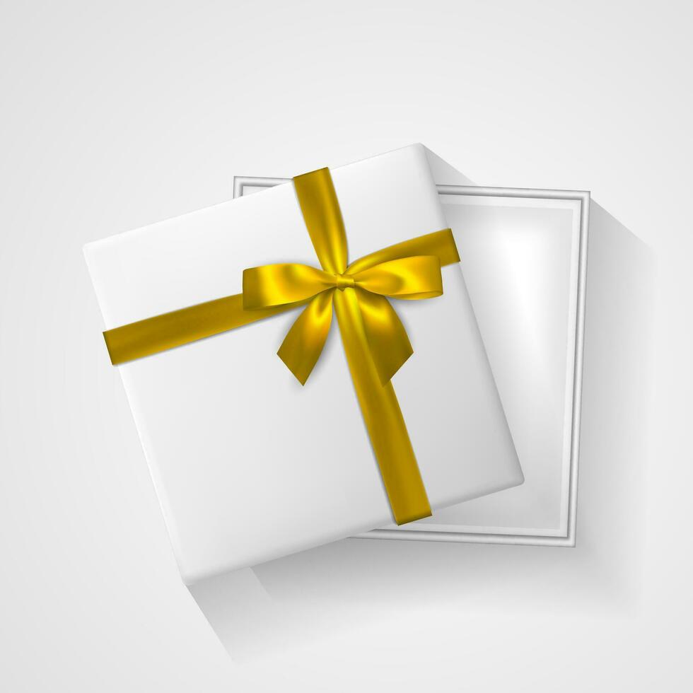 blanco abierto regalo caja con arco y cinta parte superior vista. elemento para decoración regalos, saludos, vacaciones. vector ilustración