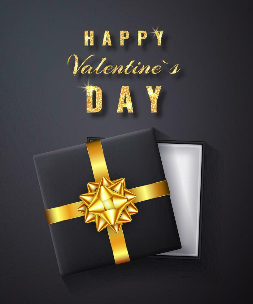 Happy Valentines Day Golden glitter sparkle. Gift box with bow and ribbon top view. Element for decoration gifts, greetings, holidays. Vector illustration