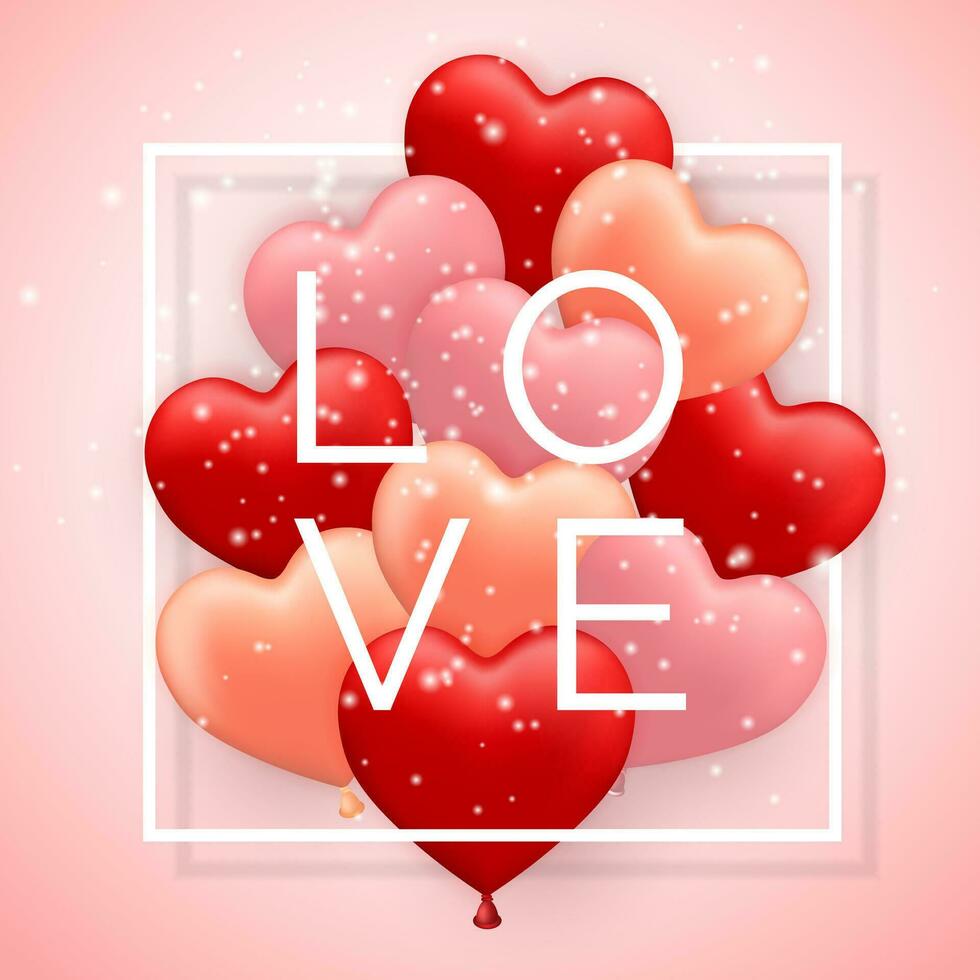 Love, Happy Valentines Day, red, pink and orange balloon in form of heart with ribbon. Vector illustration