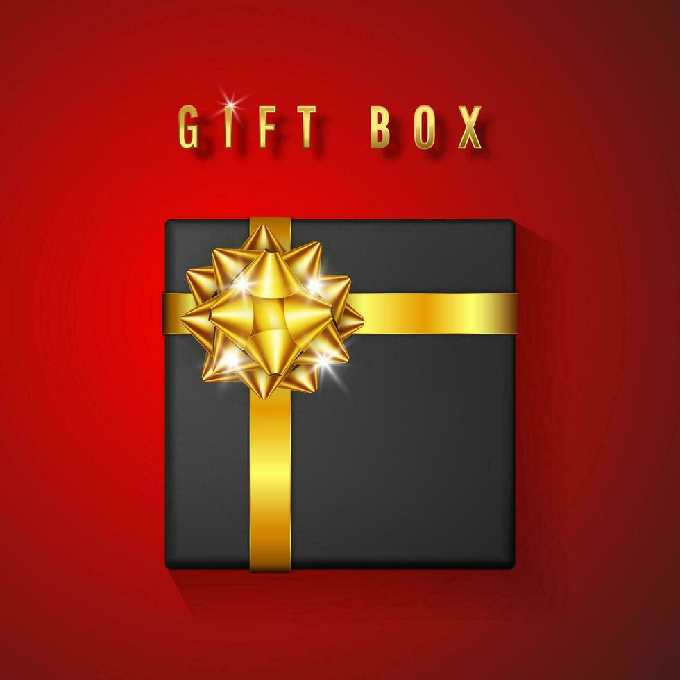 Black gift box with golden bow and ribbon top view. Element for decoration gifts, greetings, holidays. Vector illustration